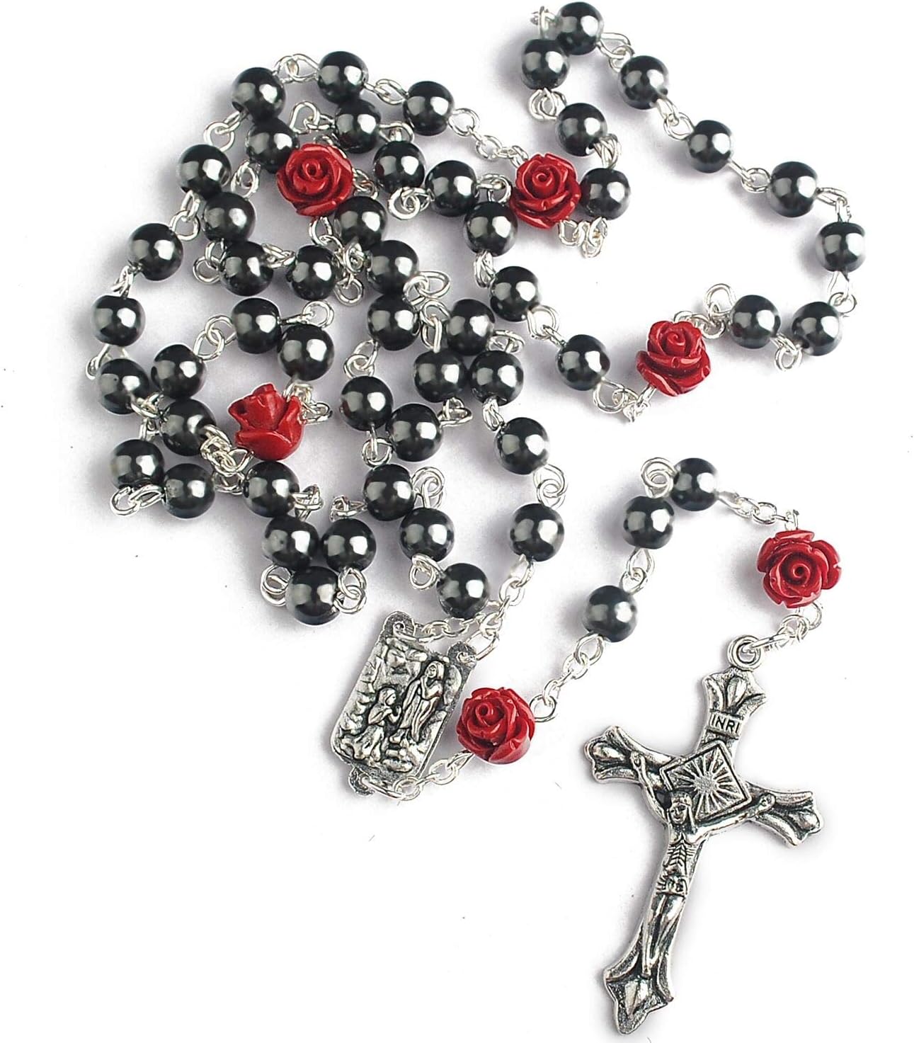 Hedi6mm Hematite Beads with 8mm Coral Rose Glory Beads Catholic Rosary Pack Metal Gift Box