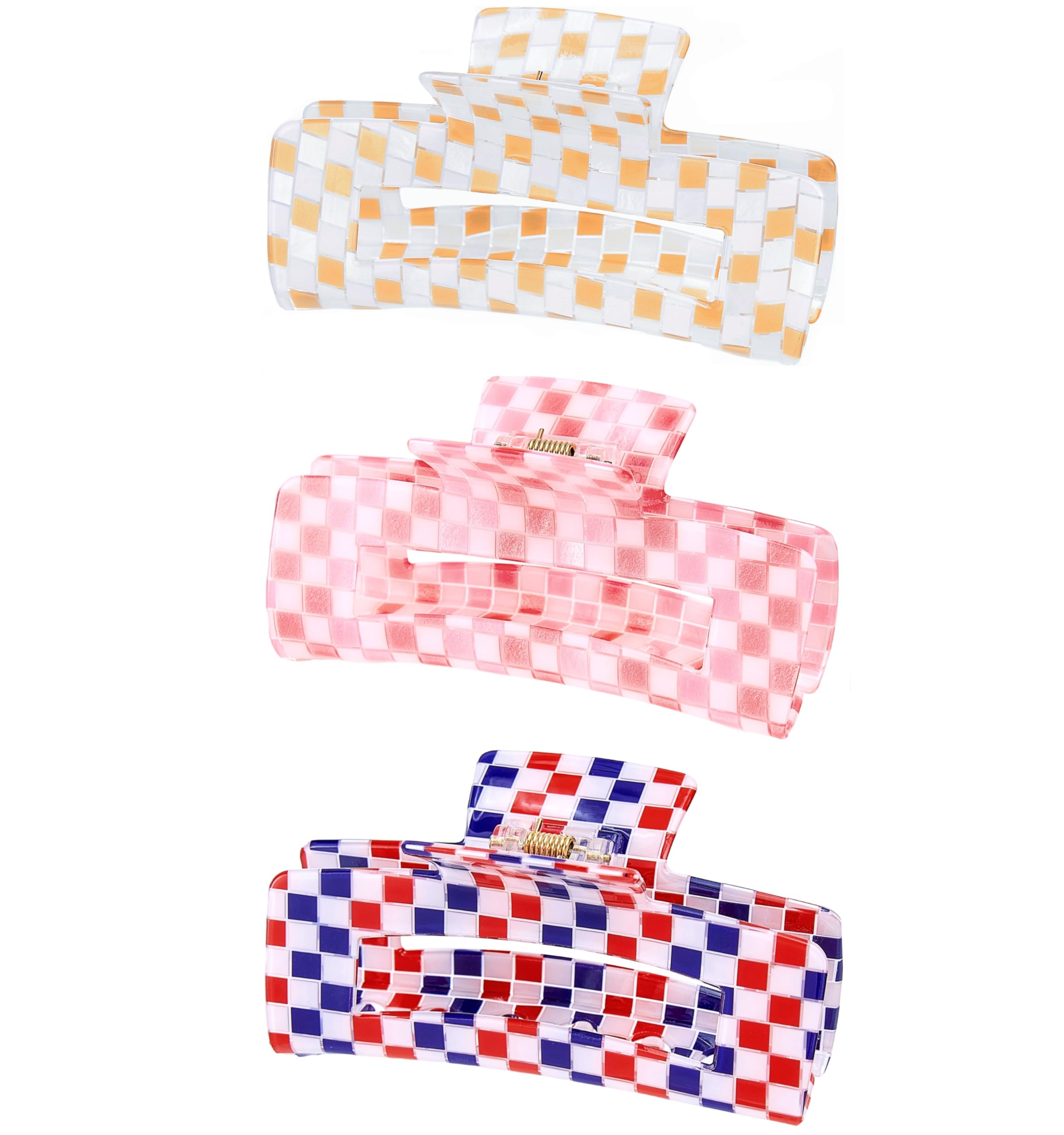 Pinzas de pelo a cuadros para mujeres y niñas, pinzas grandes de moda de 4 pulgadas para peinar, pinzas de garra para el cabello grueso, retro, forma rectangular (paquete de 3)