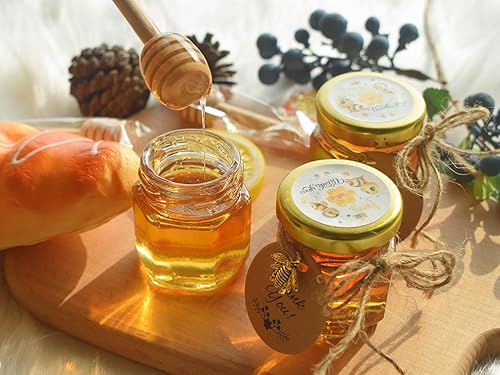 Miniatura 3 de IIKUM Paquete de 20 mini tarros hexagonales de vidrio de miel de 15 onzas con moños de madera tapas doradas colgantes de abeja bolsas de regalo