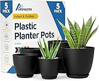 LIFEMASTER 5-Pack Black Stackable Plant Pots with Drainage Holes - Versatile Indoor Outdoor Plastic Planters for Succulents & Houseplants