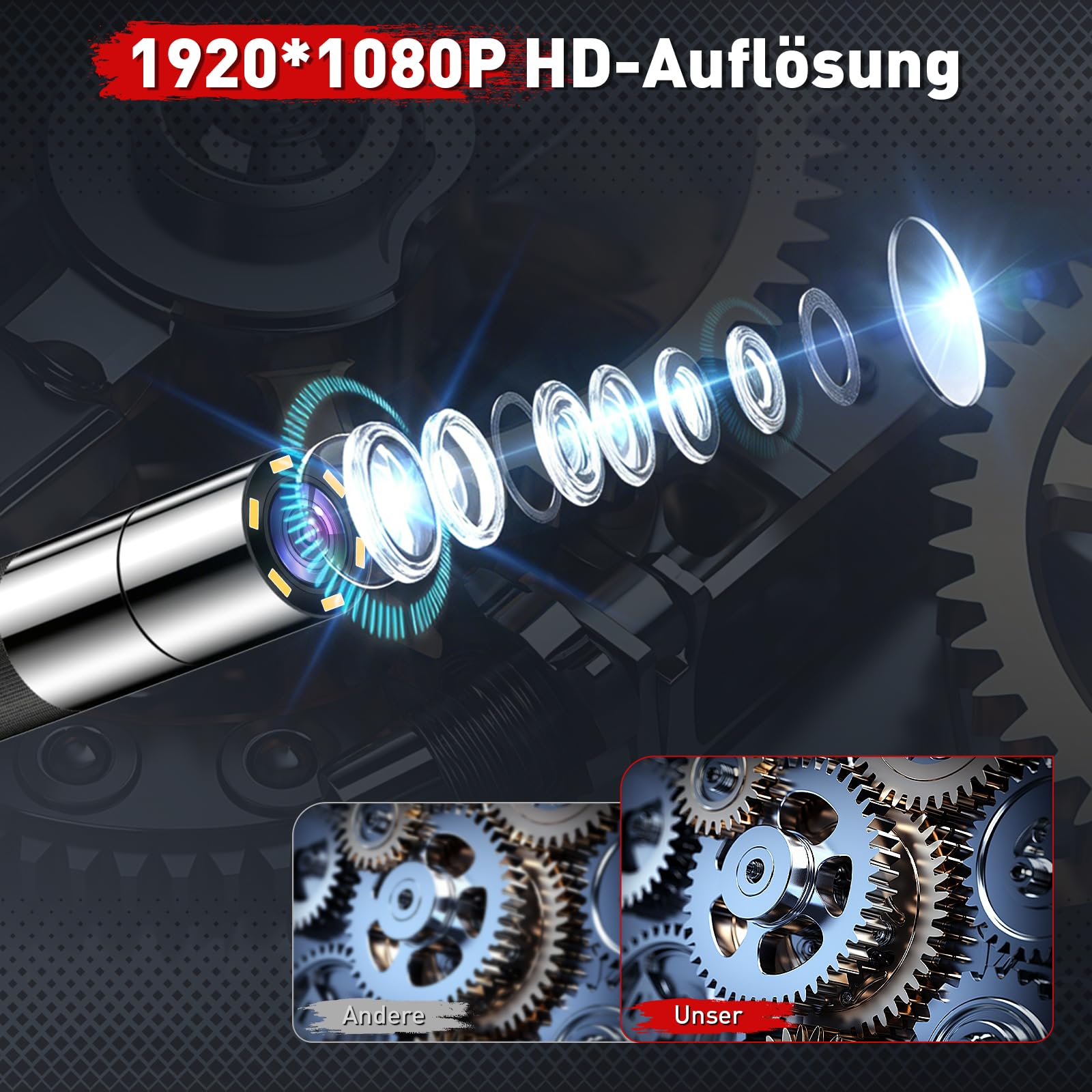 Endoskopkamera mit Licht, Rohrkamera mit 6,2mm Beweglichem Kopf | 210° Drehbar Inspektionskamera, 4,3" IPS-Bildschirm, IP67 Wasserdicht, 32GB Karte, für KFZ, Motor, Rohre und Werkstatt