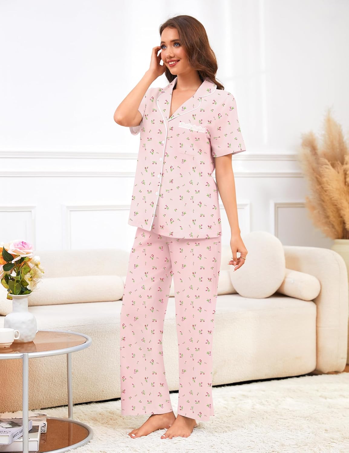 Bloggerlove 100% Cotton Pajamas for Women Set 2 Piece Short Sleeve Women's Sleepwear Button Down Lounge Sets with Pockets - Image 3
