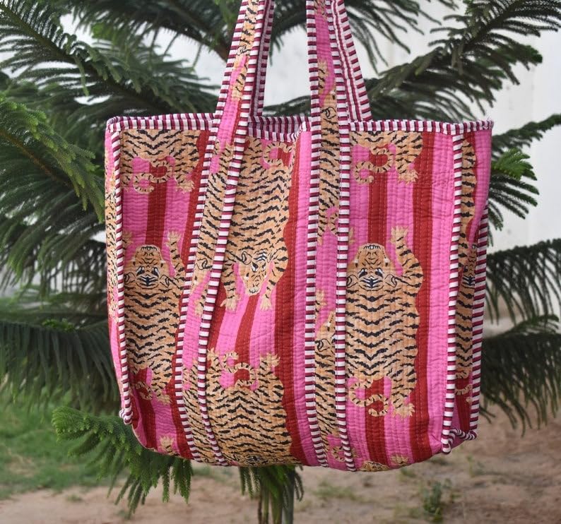 Image of YILLE Women Handblock Lightweight Travel Bag Purse Cotton Shoulder Tote Bag For Shopping Grocery & Beach Bag