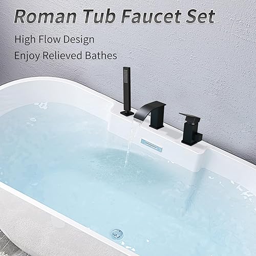 Miniatura 81 de TapLong Grifo de llenado de bañera en cascada con ducha de mano, juego de grifo de bañera romano generalizado, montaje en cubierta, 3 agujeros, Oro