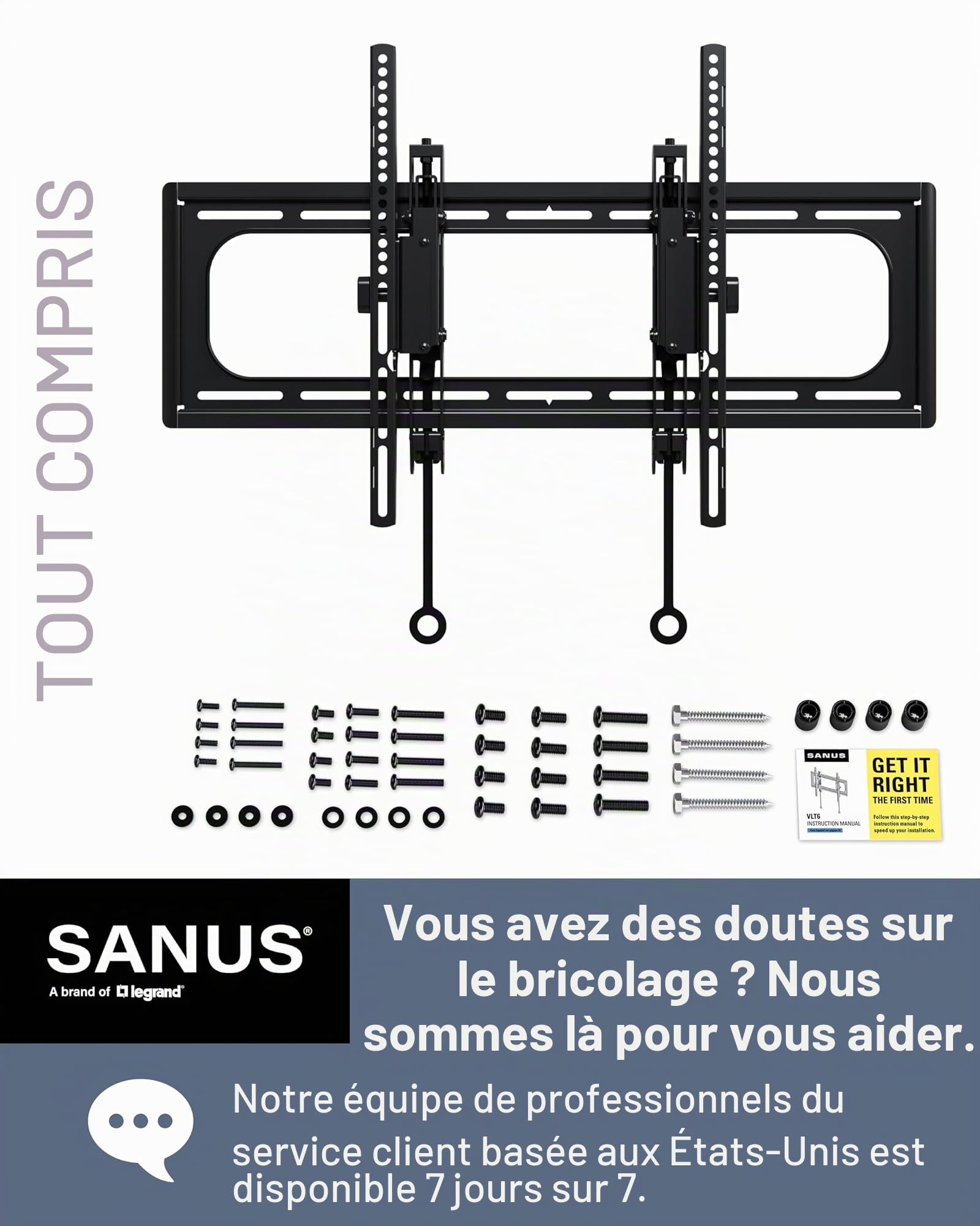 SANUS Support mural inclinable pour grands téléviseurs jusqu'à 90", ajustement universel – Extension lisse de 14,5 cm pour gestion des câbles – Matériel et gabarit de perçage inclus