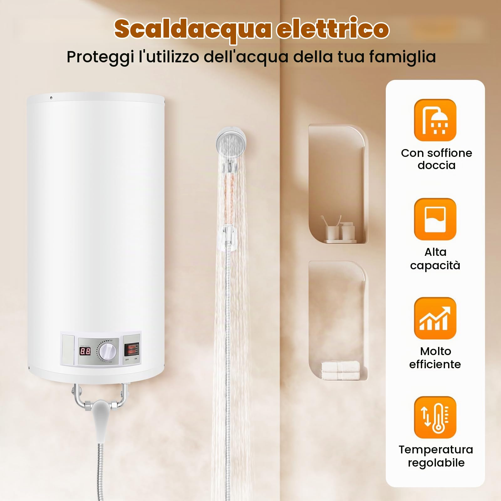 Scaldabagno elettrico da 80 l, 2000 W, scaldabagno elettrico da parete, potenza di riscaldamento, scaldabagno, regolatore di temperatura 25-75 °C, IPX4, per cucine, bagni, appartamenti