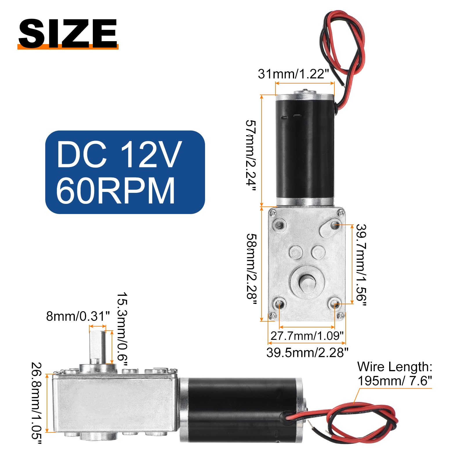 QUARKZMAN DC 12V 60RPM Schnecken Getriebe Motor 8mm D Welle Untersetzung Elektro Motor Untersetzungsgetriebe Hohes Drehmoment Niedrige Geschwindigkeit Mini Turbinen Schnecken Motor mit Draht
