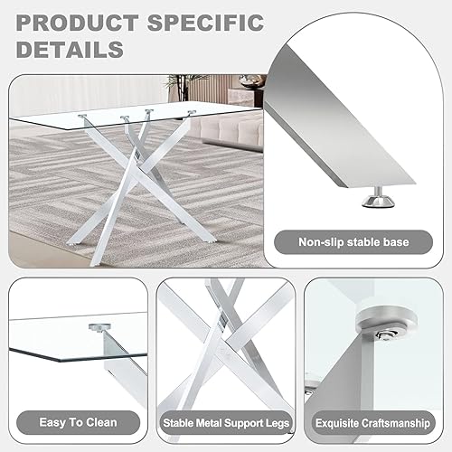 Miniatura 7 de Juego de mesa de comedor de vidrio de 51 pulgadas para 4, mesa de cocina rectangular de vidrio con 4 sillas decorativas tapizadas de terciopelo,