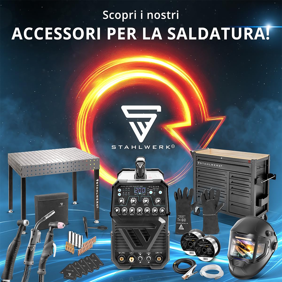 STAHLWERK Saldatrice combinata 3-in-1 MTM-200 ST – Inverter per TIG, MIG/MAG, MMA fino a 200 A, avanzamento sinergico, 4 rulli, per filo animato, acciaio, lamiere sottili