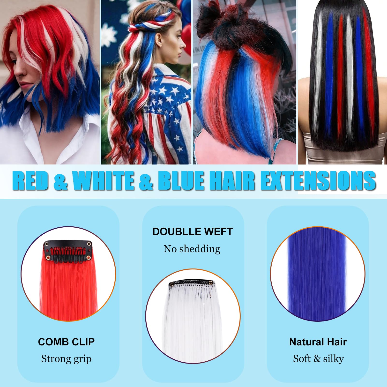 Amazon.com : ZRQ 12 Pcs Red+White+Blue Hair Extensions Clip In