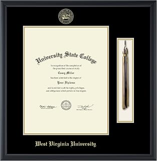 West Virginia University 11" w x 14" h Tassel Diploma Frame - Fits a bachelor's, master's and phd - Gold Embossed Tassel & Cord Diploma Frame - Black Moulding with Black and Gold Matting