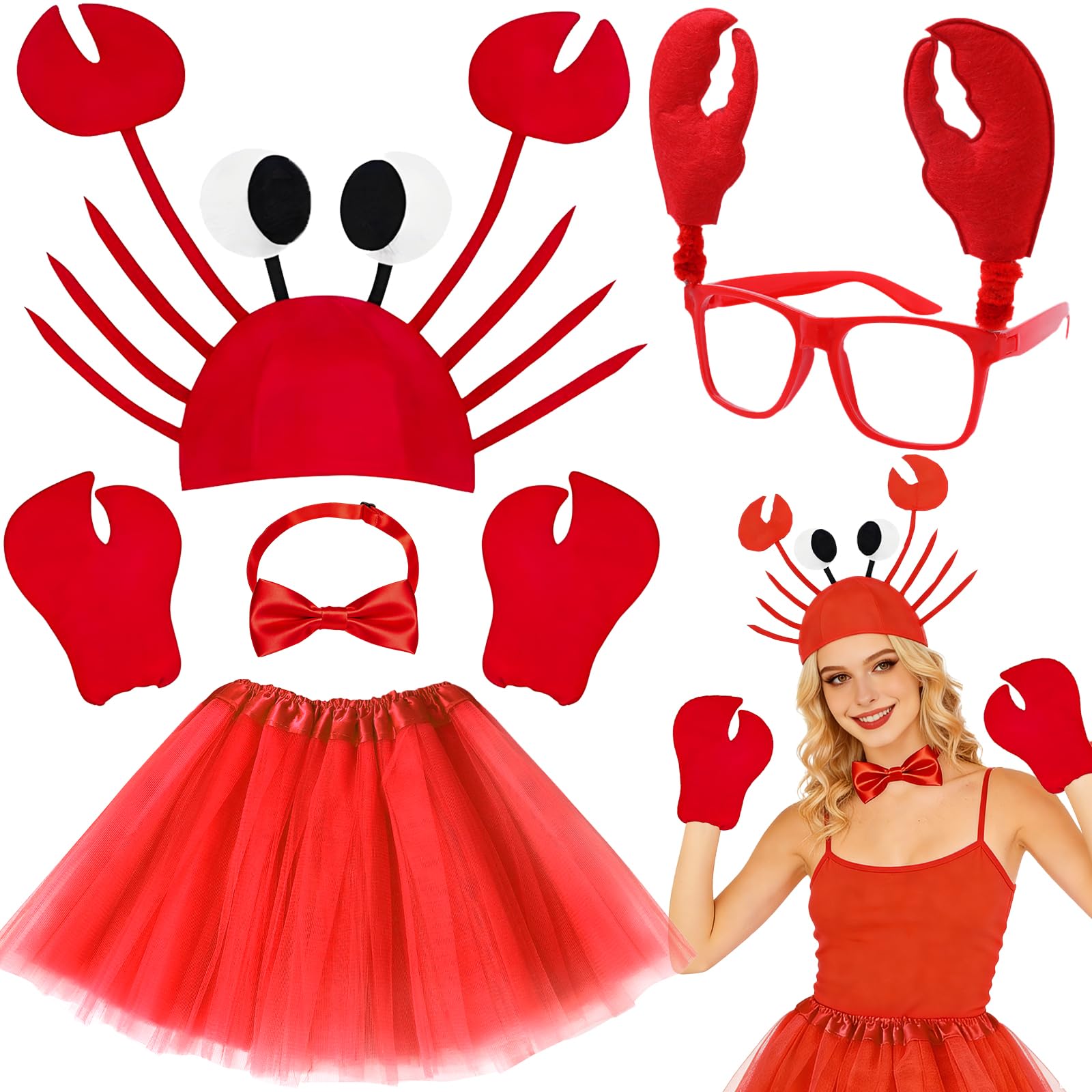Kyndara 4Pcs Lobster Costume Set for Women, Lobster Outfit Accessory Kit with Tutu Skirt Headband Bow Tie Gloves for Adult World Book Day Carnivals Halloween Cosplay Themed Parties
