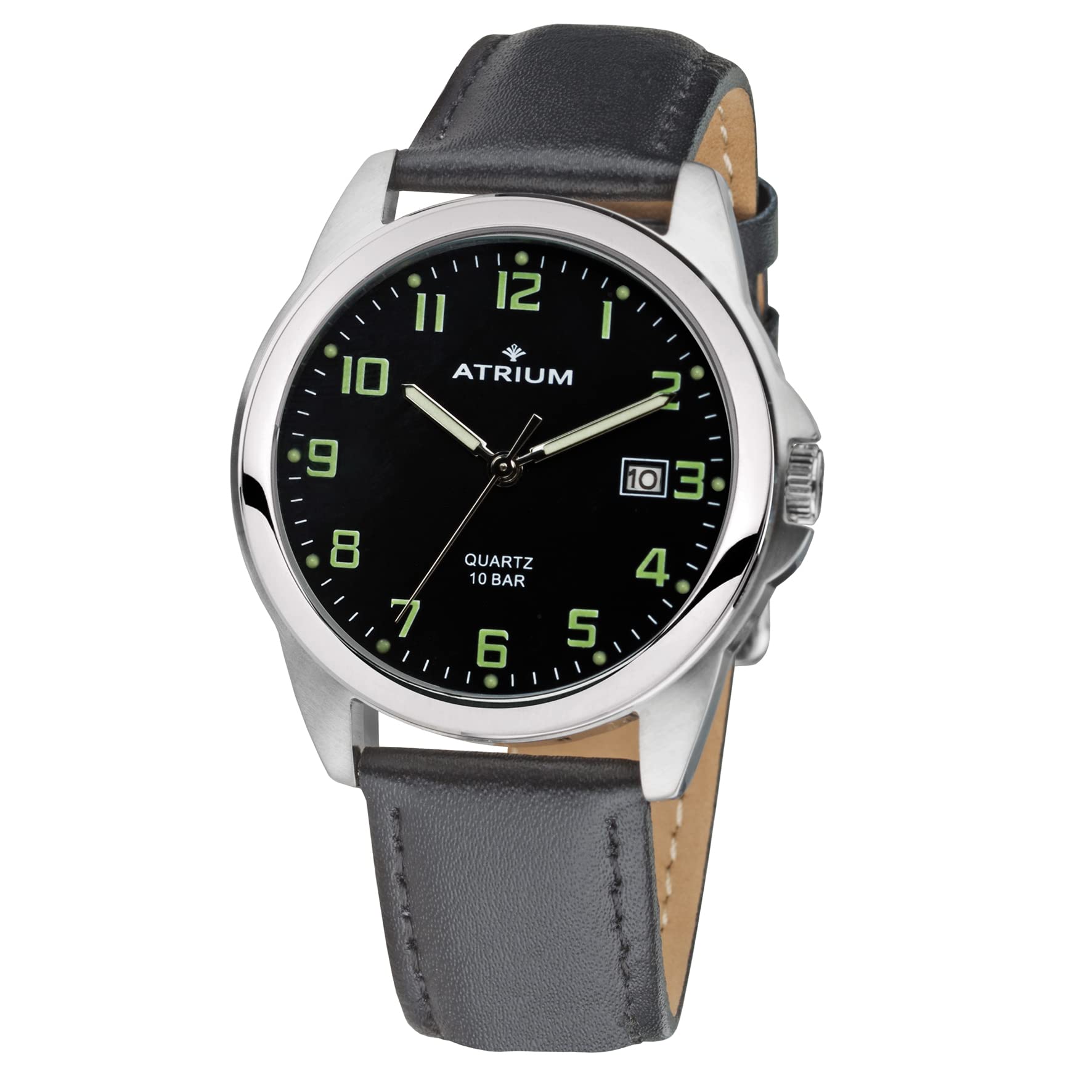 Atrium Herren-Armbanduhr Edelstahl silberfarben Analog Quarz 10 bar mit Datum, Leuchtzeiger, Leuchtziffern, sehr deutliches Zifferblatt Schwarz und Lederband schwarz A16-11