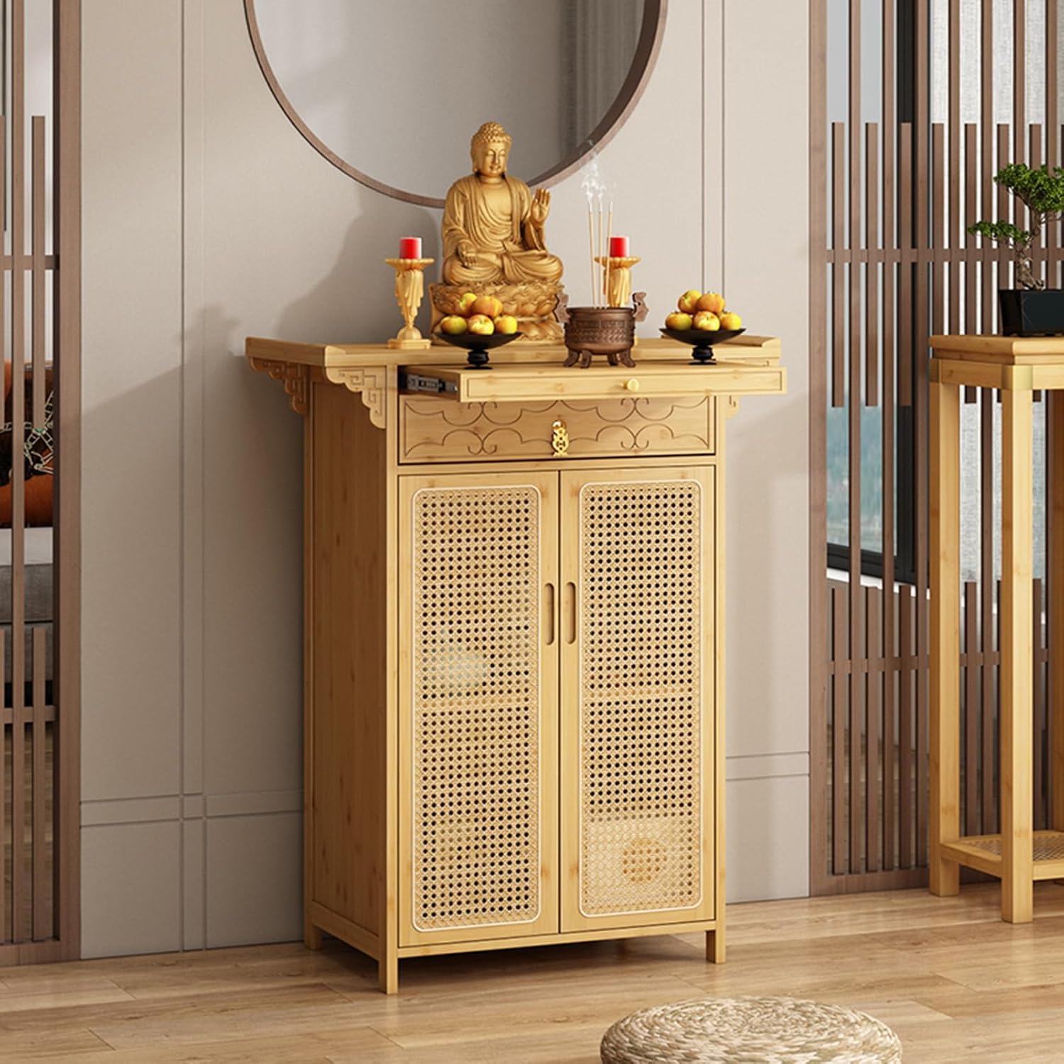 Personal Shrine Altar Table, Bamboo Buddhist Altar with Plastic Rattan Cabinet Door, Buddha Niche Chinese Cabinet with Storage (Wood Color, 120cm/47.2in)