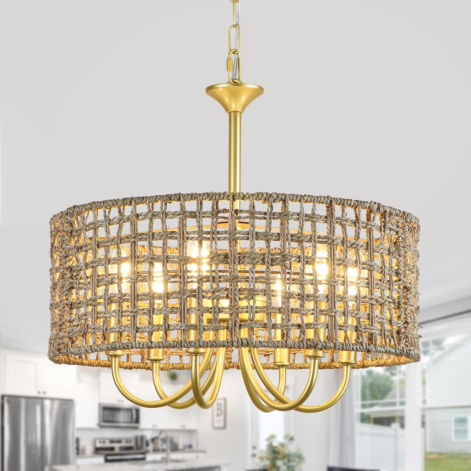 WBinDX Hand Woven Rattan Chandelier 6 Lights Gold Farmhouse Chandelier ...