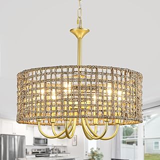 Gold Rattan Chandelier for Dining Room, 6-Light Boho Chandelier Light Fixture Hand-Woven Bohemian Coastal Hanging Pendant Lighting for Kitchen Living Room Foyer Entryway