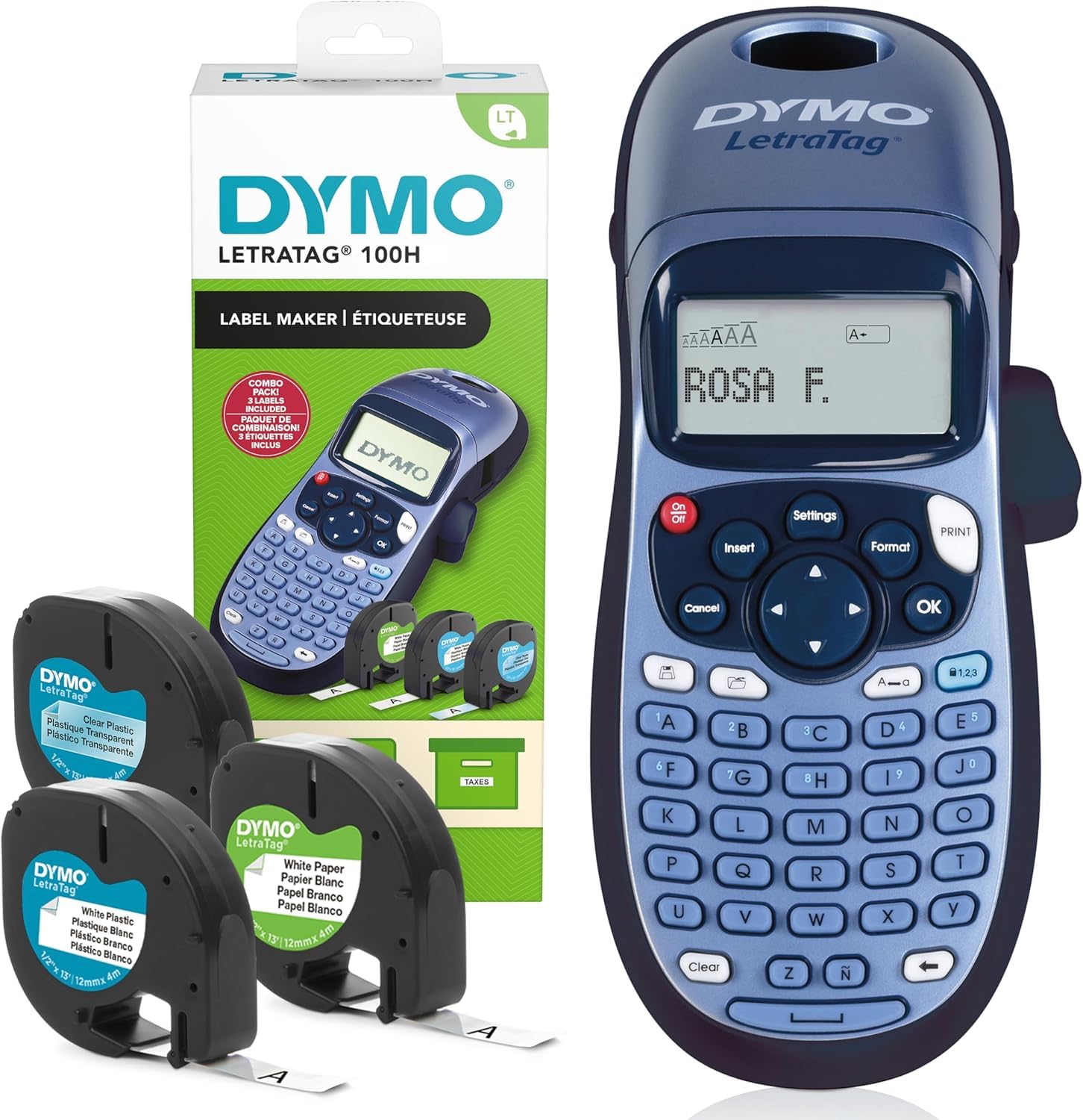 DYMO LetraTag LT-100H Beschriftungsgerät Handgerät & Original LetraTag Etikettenband| schwarz auf weiß 12 mm x 4 m selbstklebendes Kunststoff Schriftband
