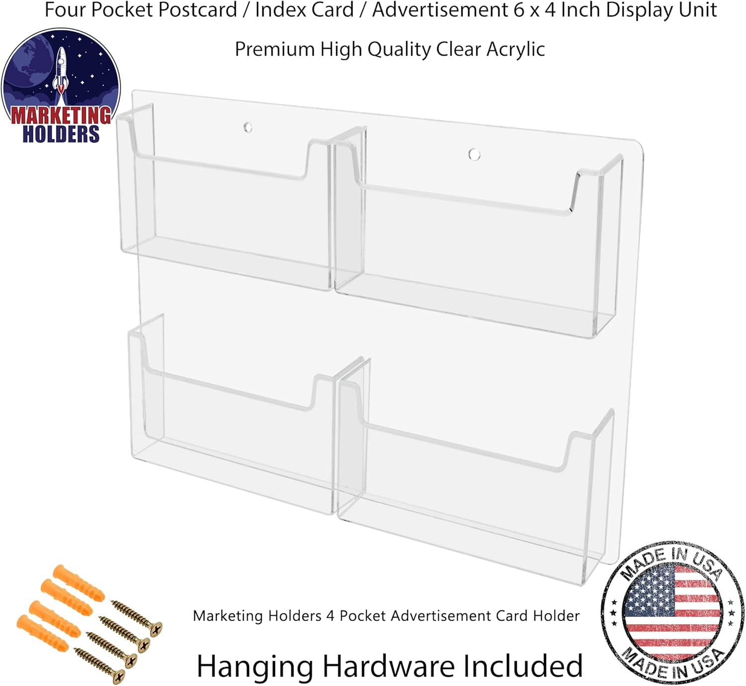 Marketing Holders Postcard Holder Wall Rack with Hanging Hardware 4 Pocket Holds 6 x 4 Printed Material Plastic Clear Messages Distribution for Libraries and Cruise or Airports
