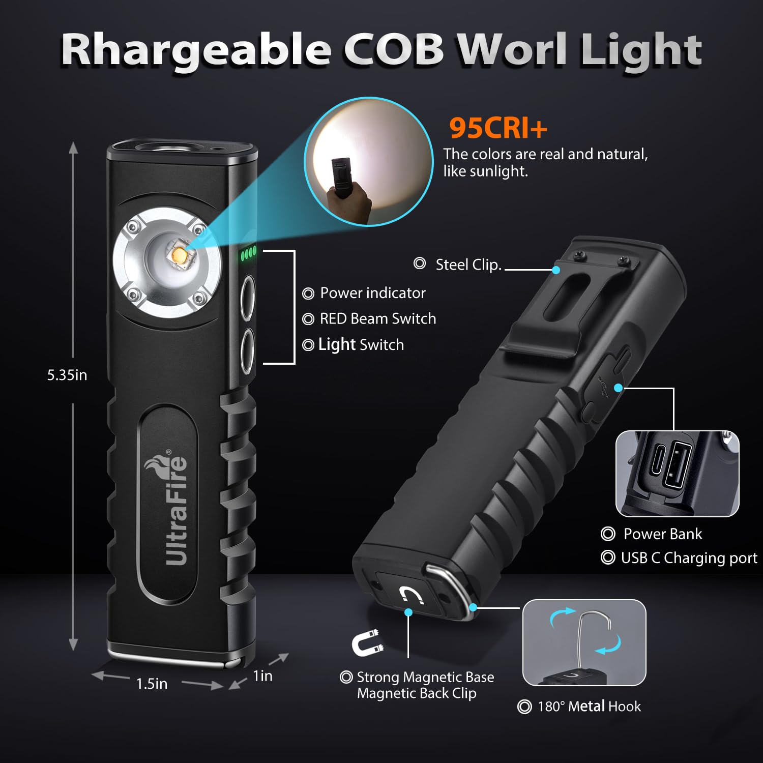 ULTRAFIRE Luce da lavoro a LED ricaricabile, 350 lumen, torcia tattica piatta a LED con fascio rosso, 3 modalità di utilizzo, con magnete e clip per lavoro, riparazione auto, emergenza