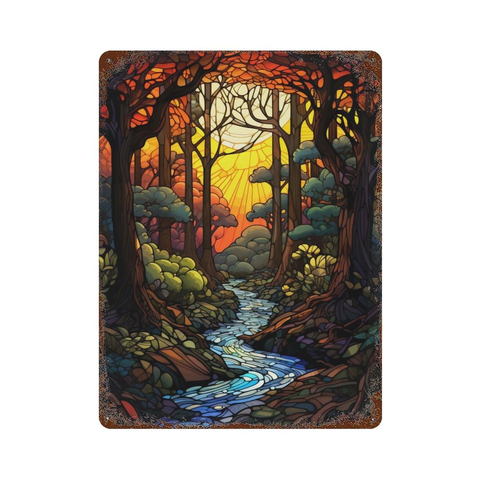 Distressed Metal Wall Sign The River at Dusk 15.7"x11.8", Vintage Wall Decor for Garage, Bar And Workshop Decor