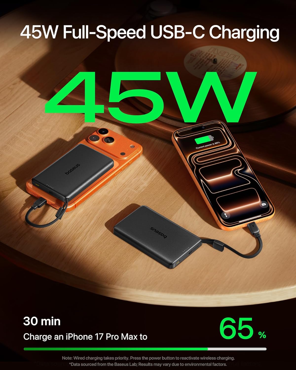 Baseus Qi2.2 25W Slim 10,000mAh Magnetic Power Bank Built in USB C Cable, Bundle with 10,000mAh 30W Magnetic Portable Charger, Fast Charging Wireless Battery Pack with Built-in Braided USB-C Cable