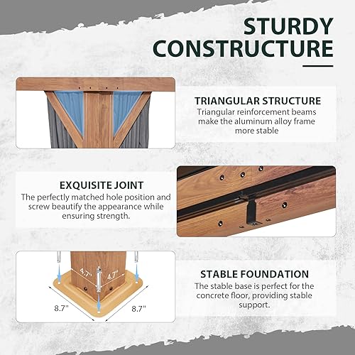 Miniatura 5 de MELLCOM Cenador de 10 x 13 pies, toldo con marco de aluminio de grano de madera con techo rígido de acero galvanizado doble, pabellón de metal