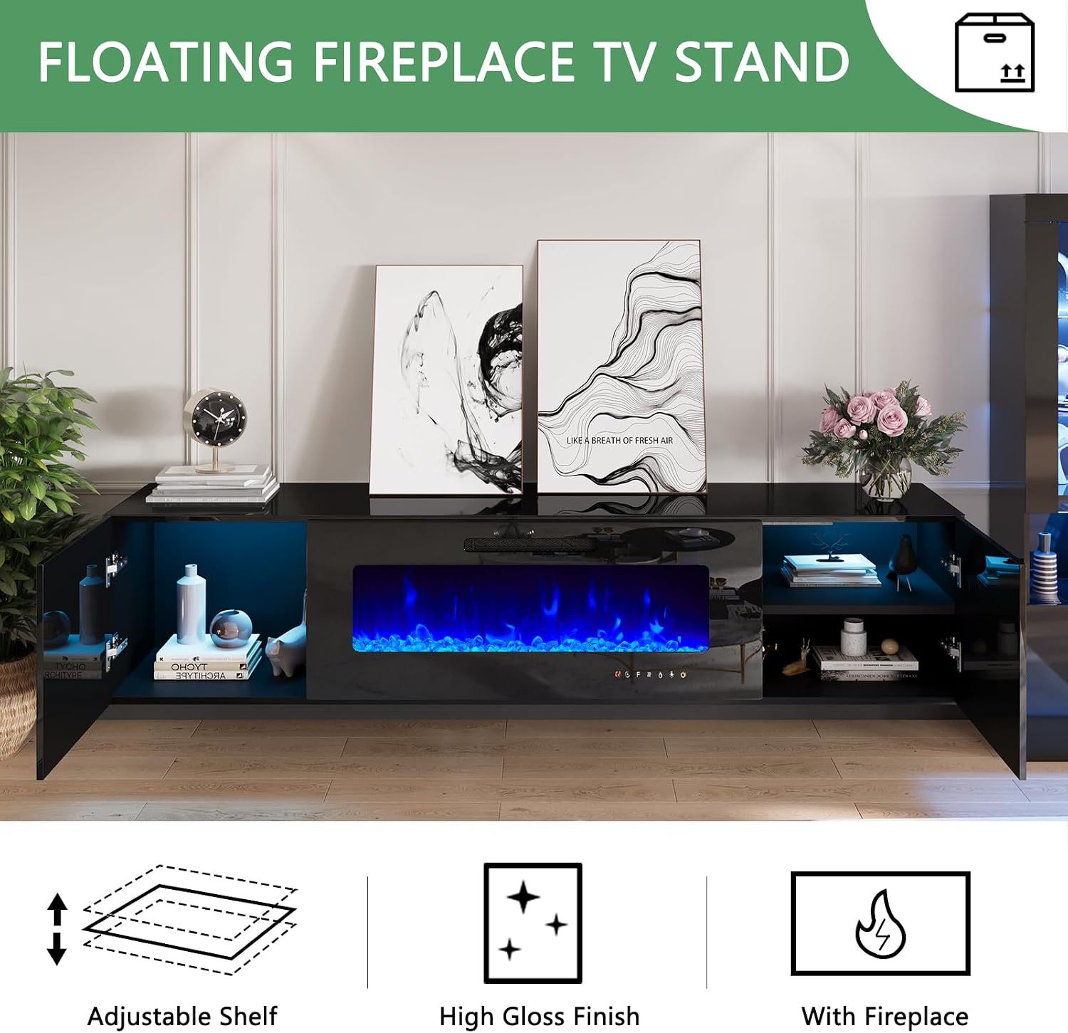 AMERLIFE High Gloss Living Room Entertainment Center with LED Lights, Including Floating Fireplace TV Stand with 40" Electric Fireplace & 2 Bookcases with Glass Doors, Black