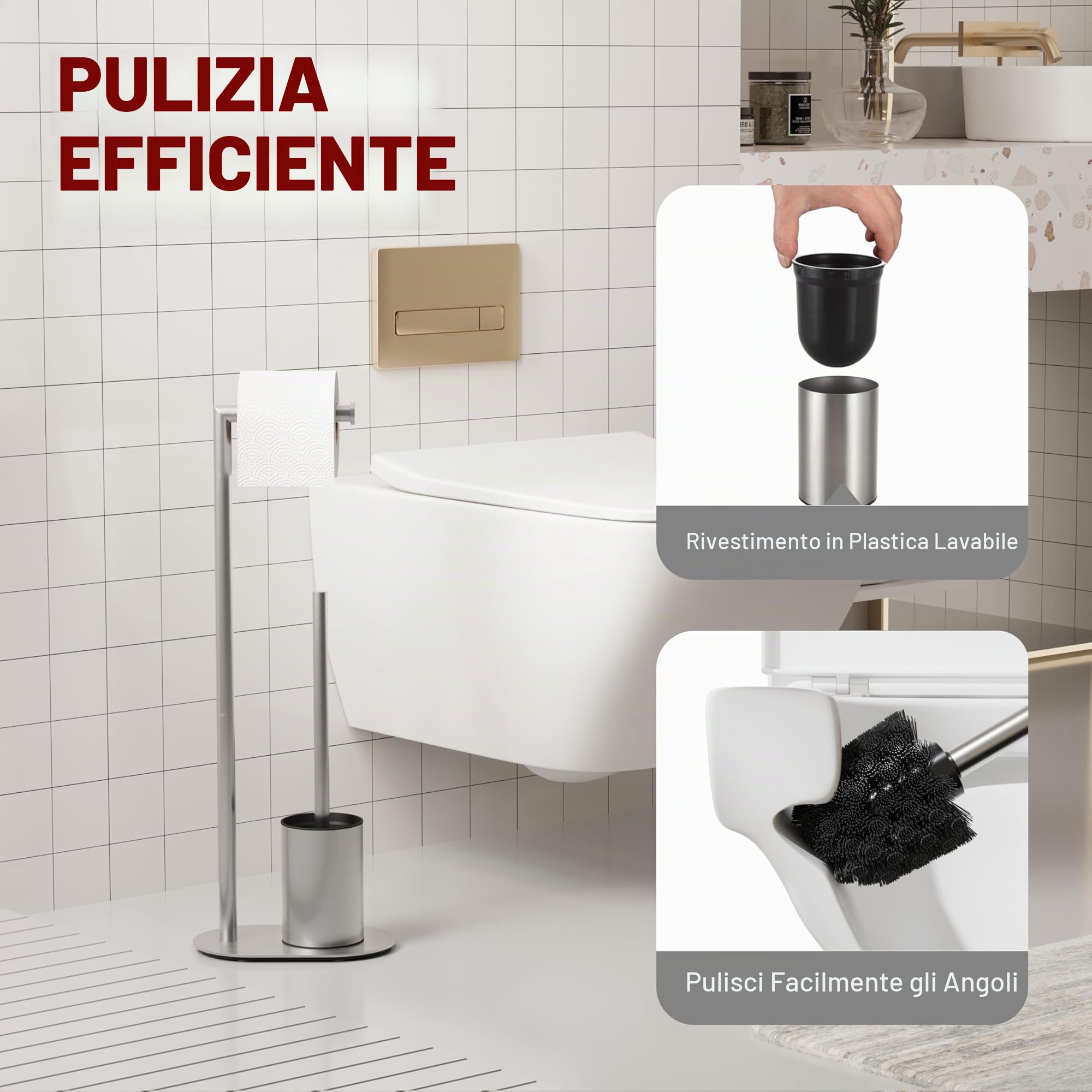 BVL Piantana Portarotolo e Scopino Spazzolato, Scopino WC con Porta Carta Igienica in Acciaio Inox, Porta Carta Igienica da Terra Scopino Bagno WC