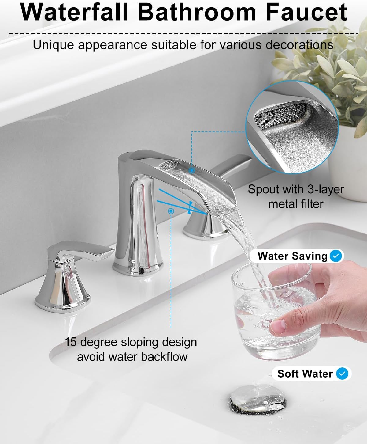 Fapully Chrome Bathroom Faucet 3 Hole, Waterfall 8 Inch Widespread Bathroom Sink Faucet with Pop-up Drain, Two-Handle Faucets for Bathroom Sink