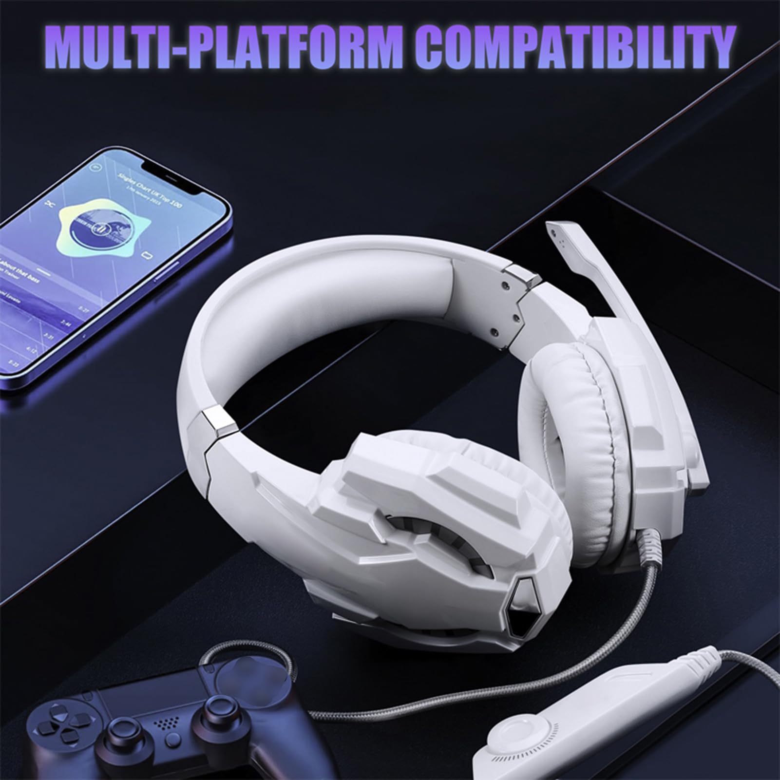 Aoresac Casque de Jeu G9000, avec des Lumières LED, Microphone Clair pour Ordinateur Portable, Tablette, Téléphones Mobiles, PC de Bureau, Console de Jeu, Contrôle du Volume (Blanc)
