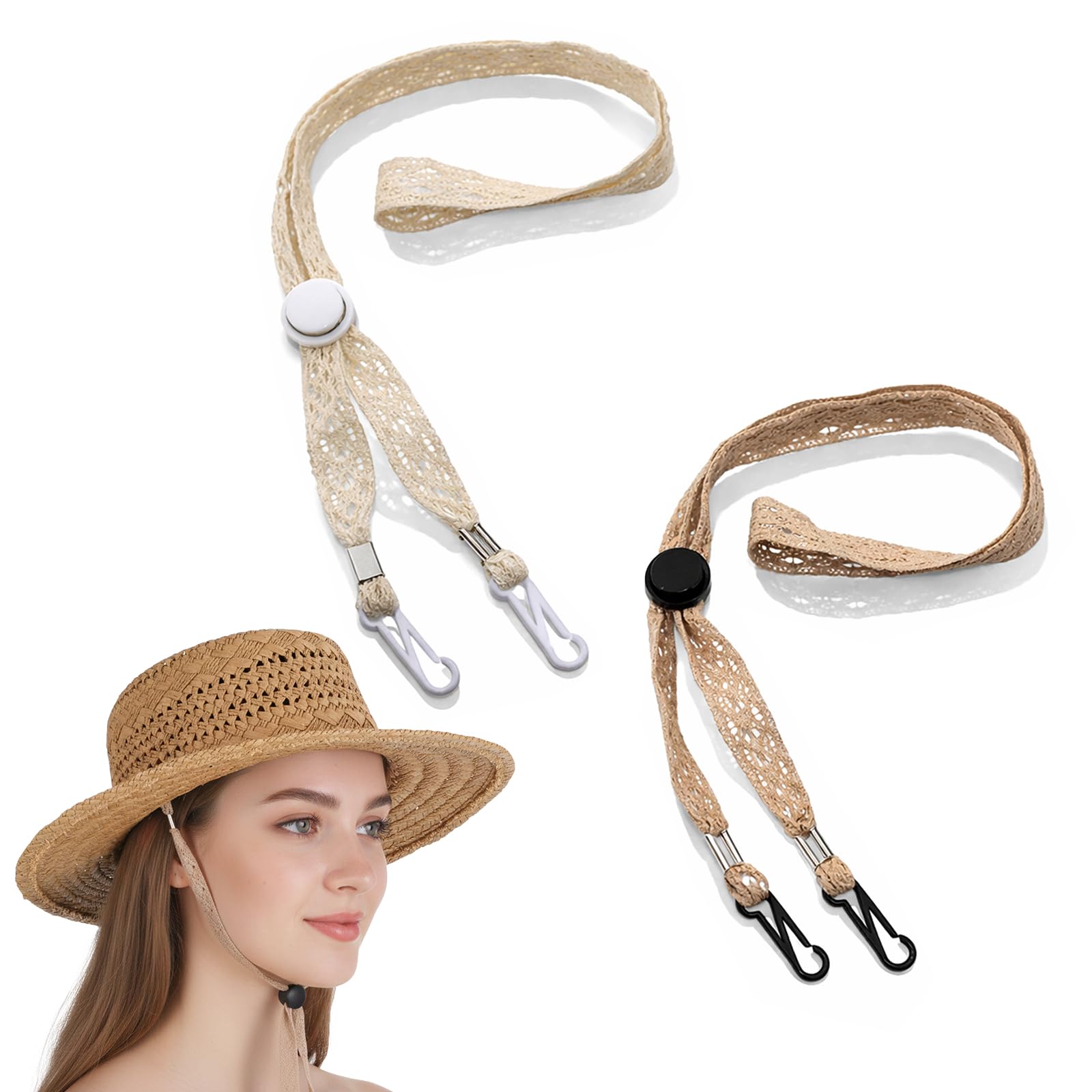 2PCS Adjustable Hat Strap Clips, Sun Hats Chin Strap, Adjustable Wide Lace Chin Cord for Boonie, Fishing-Hat, Beach-Hat, Windproof Keeper String for Golfing, Fishing, Boating, Sailing (Beige, Khaki)