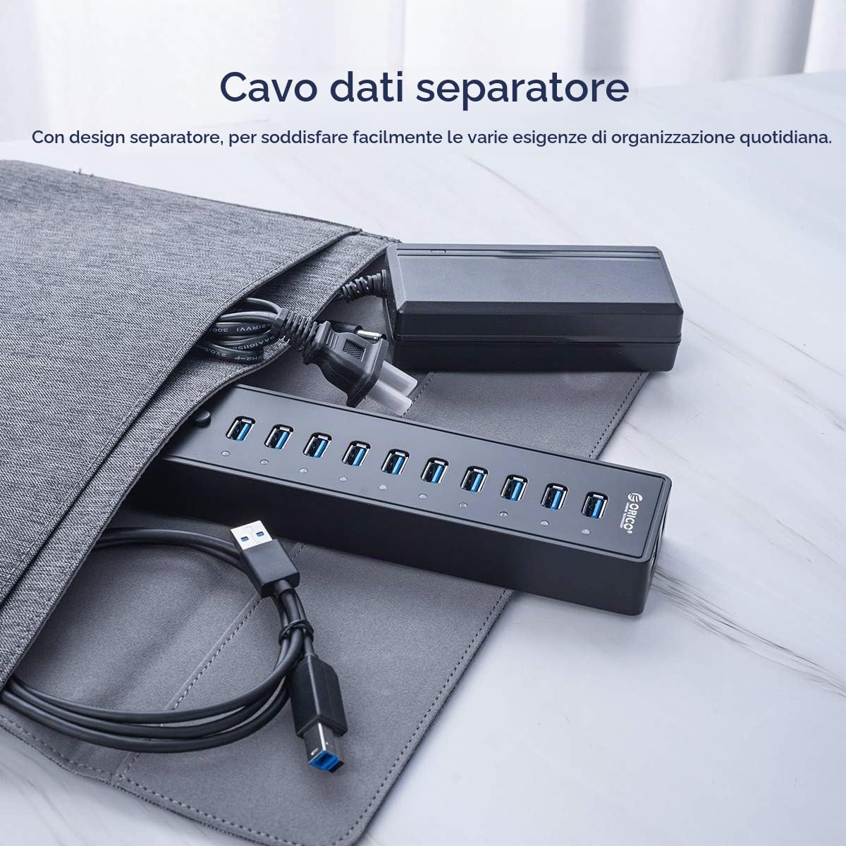 ORICO 10 Portes Hub USB 3.0 con Interruttore di Alimentazione e Adattatore di Alimentazione 45W (12V4A), Hub Dati a 5 Gbps di Alta Velocità per PC Desktop Computer Notebook MacBook iMac