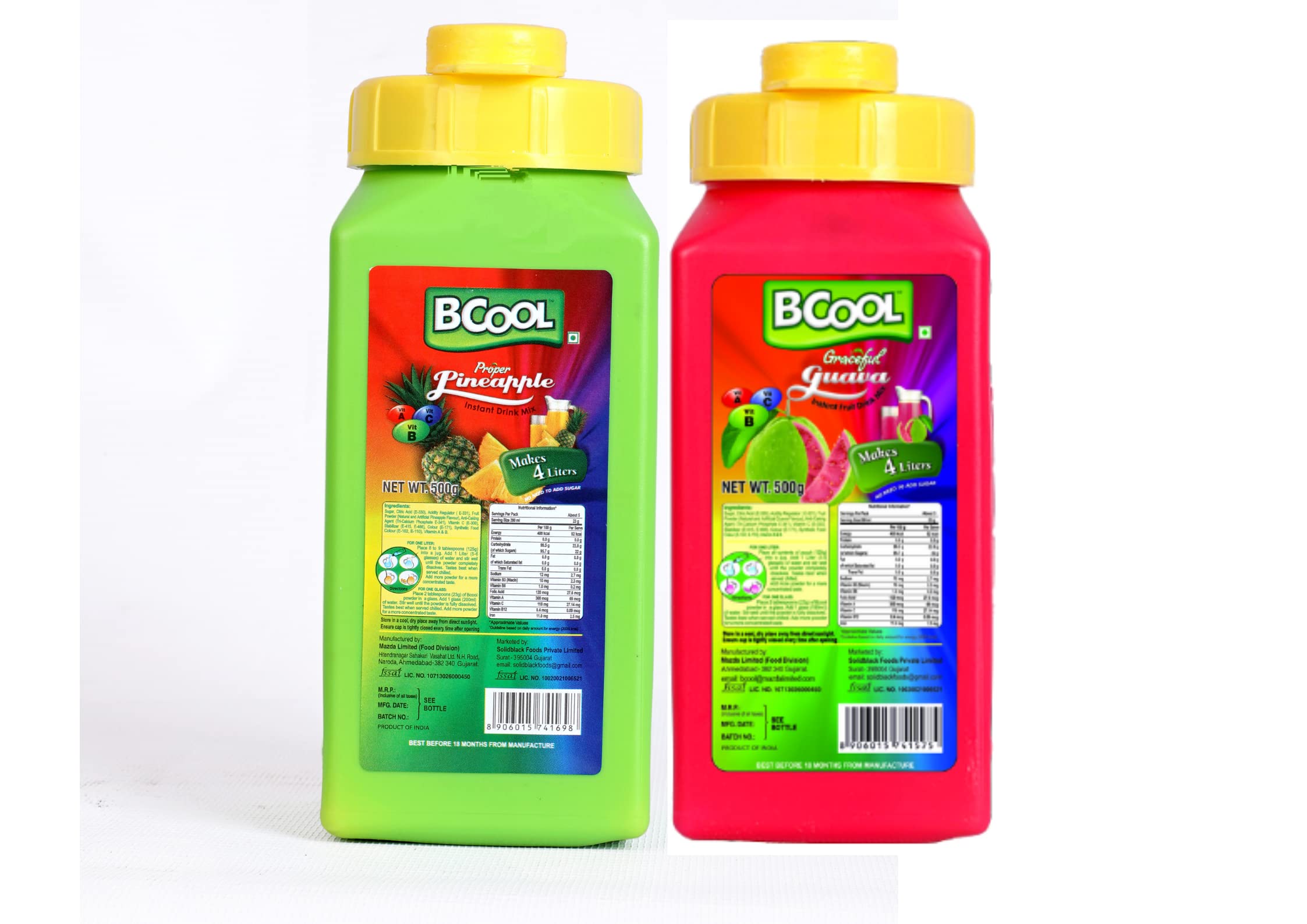 BCOOL Instant Pineapple & Guava Drink Mix Powder Refreshing Summer Beverage | Tasty and Healthy Hydration For Energy and Immunity | Easy to Make Ideal for Kids Adults (Each 500g, Pack of 2)