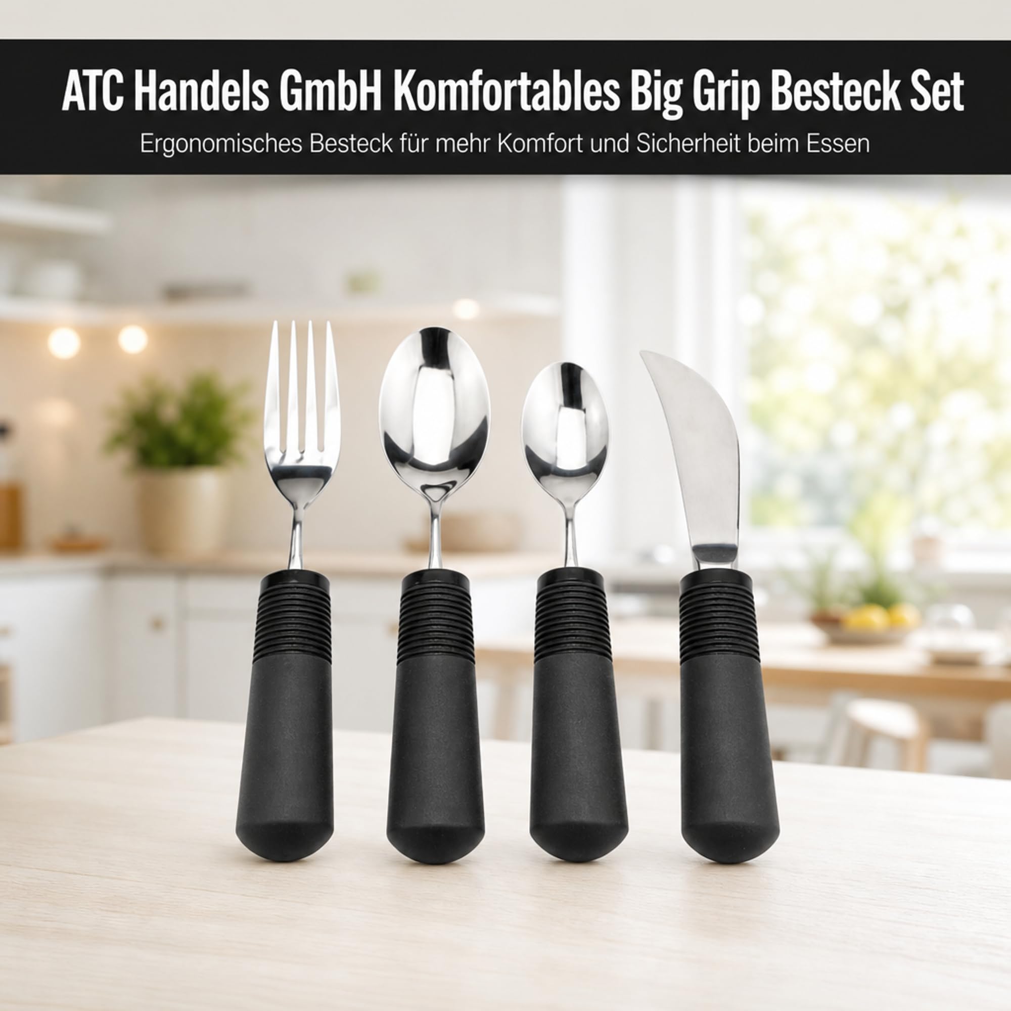 ATC Handels GmbH Big Grip Besteck-Set (4er) – Ergonomisches Besteck-Set zum einfachen Greifen – Biegsam & Spülmaschinenfest