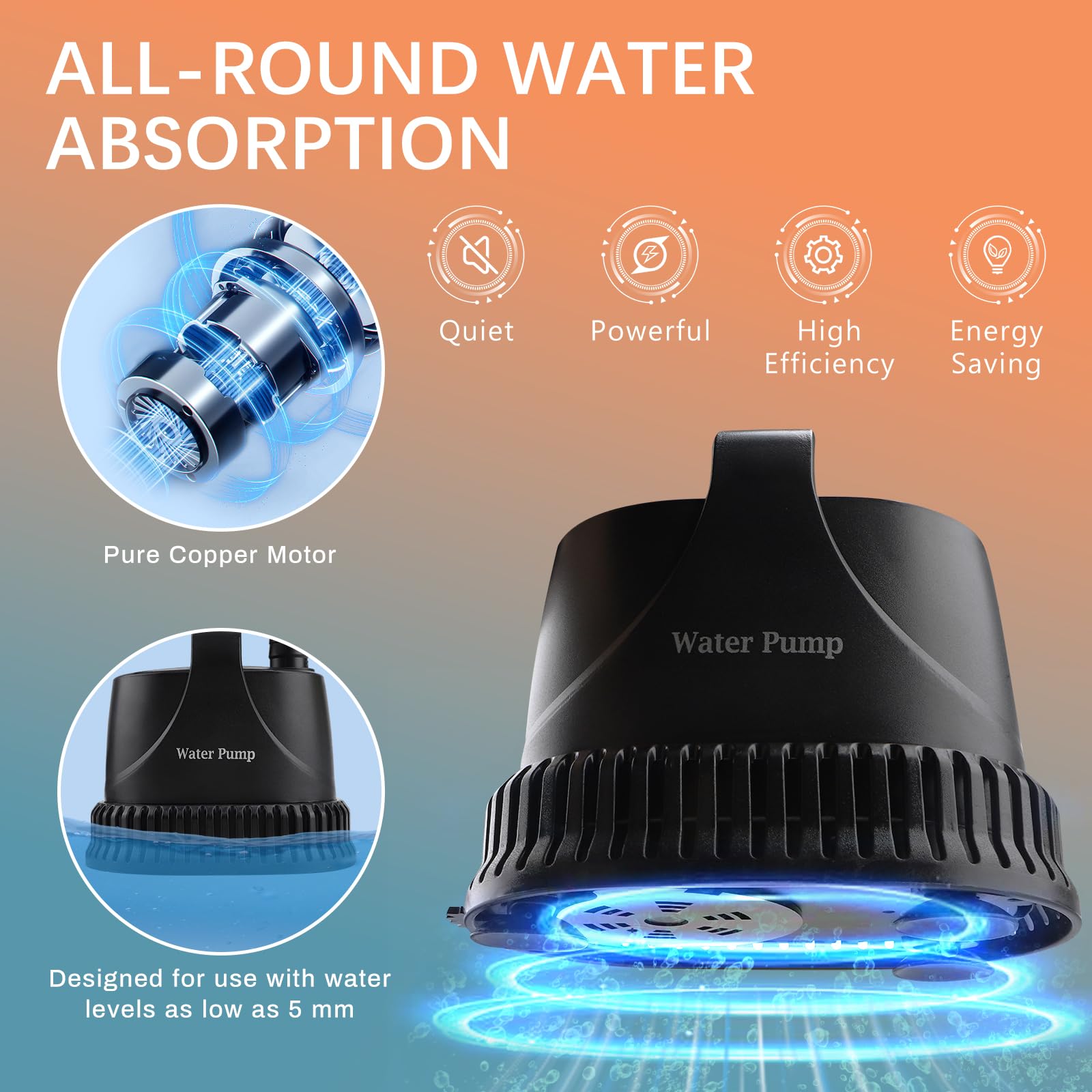 EXLECO Mini bomba de agua submersible 2000L/H 30 W, pequeña bomba de inmersión 230 V, bomba de agua sucia para riego de jardines con cable de 2 m, 2 boquillas, para fuente de jardín, estanque - 5