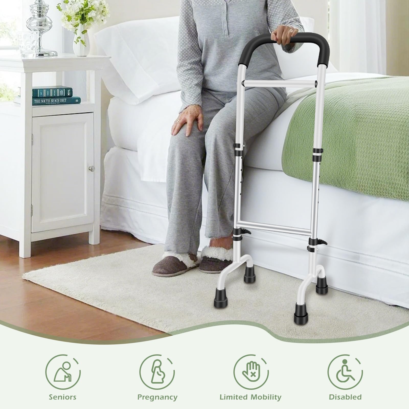 Wsparcie przy wstaniu z łóżka, regulowane pomoc przy wstawaniu z łóżka, uchwyt do wstawania z łóżka, ulepszony klips do mocowania podstawy, nośność 136 kg