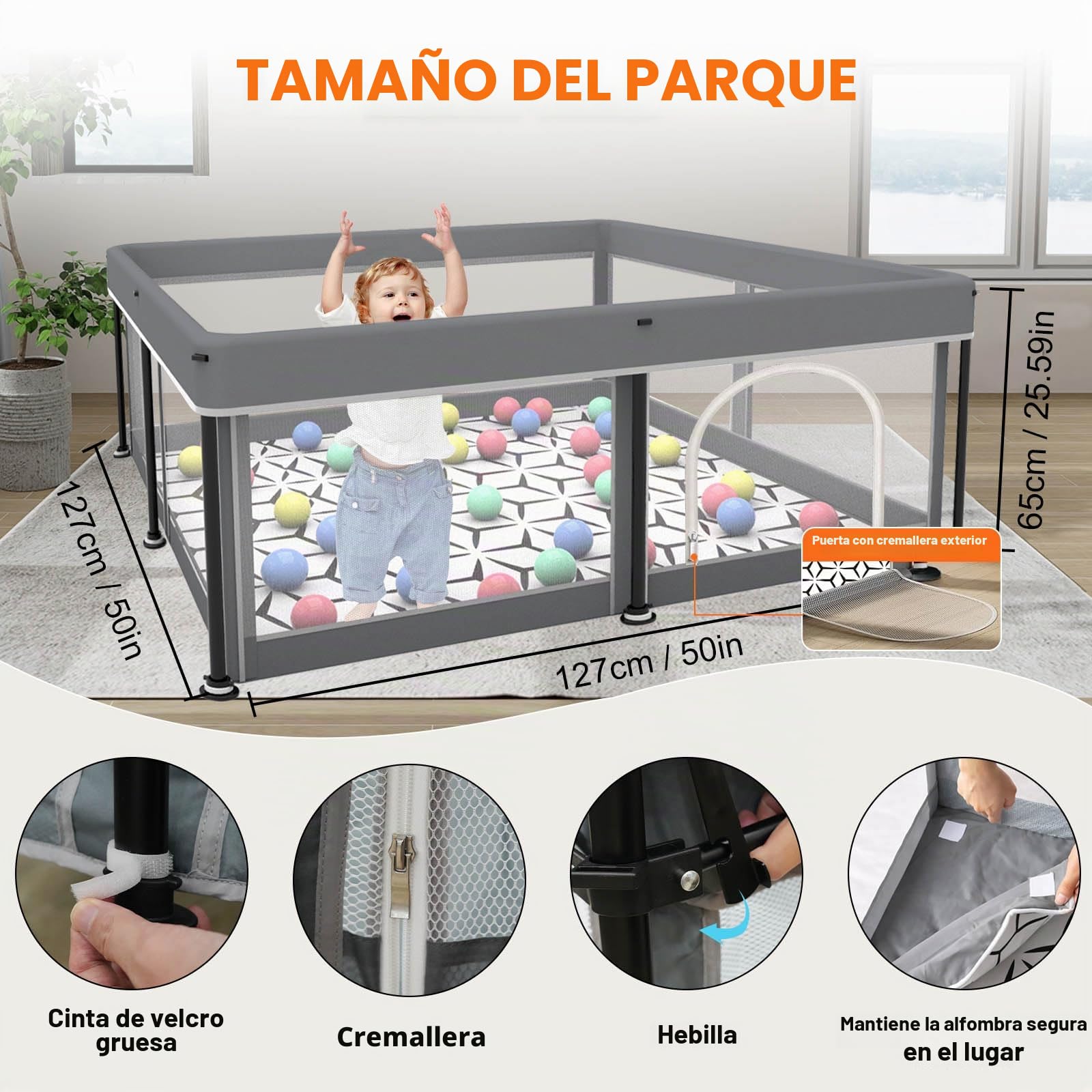Parque infantil plegable para bebé con alfombrilla - 127x127CM - Parque, montaje rápido, seguro y portátil para interior y exterior (gris)