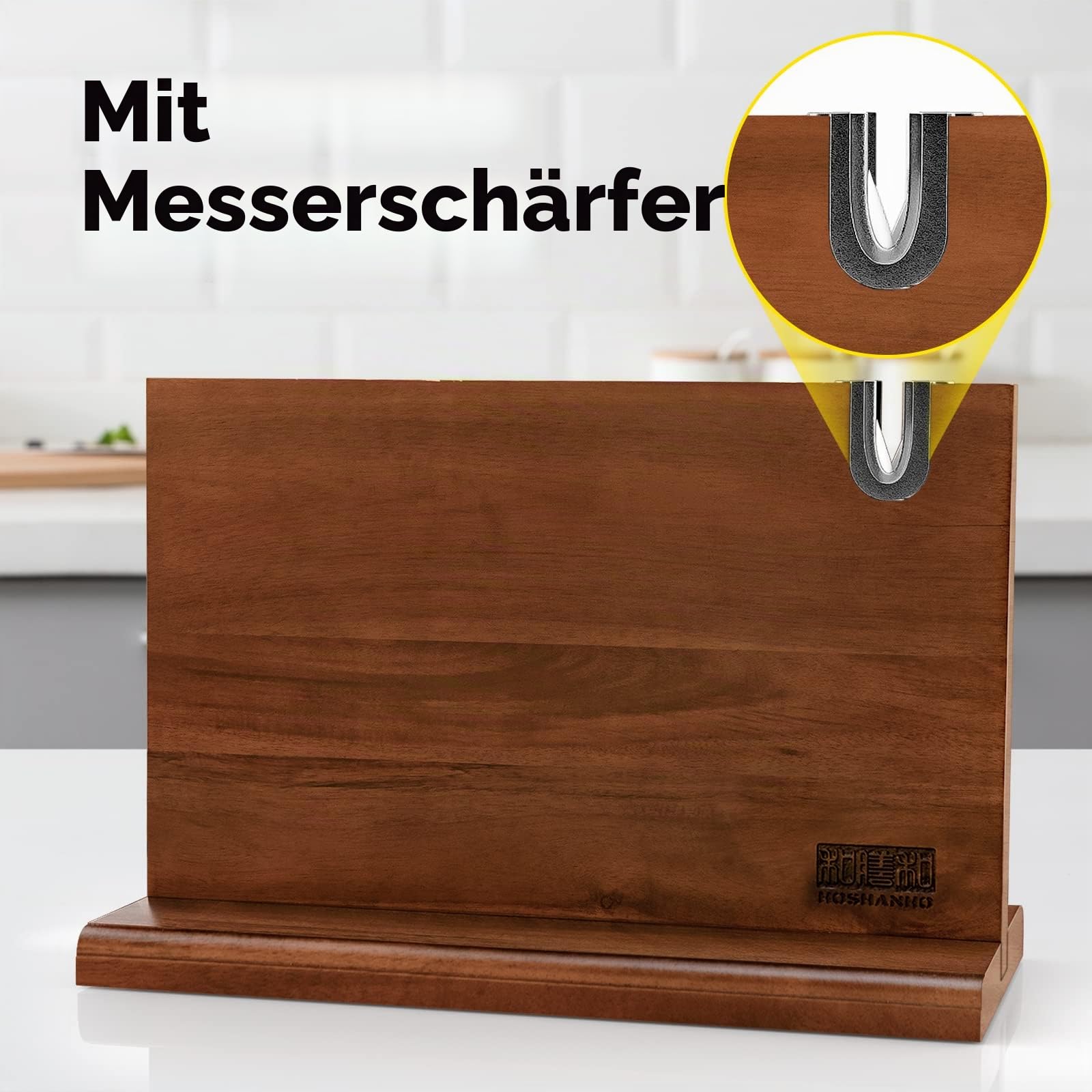 HOSHANHO Messerblock Magnetisch mit Schärfer, Doppelseitiger Starker Magnetischer Messerhalter, Natürlichem Akazienholz-Magnet Messerhalter für Küche