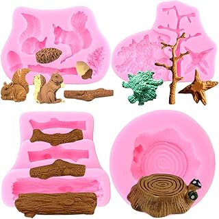 Mujiang Forest Themed Fondant Molds Animal Tree Trunk Squirrel Pinecones Tree Stump Silicone Mold For Cake Decorating Candy Chocolate Set Of 4
