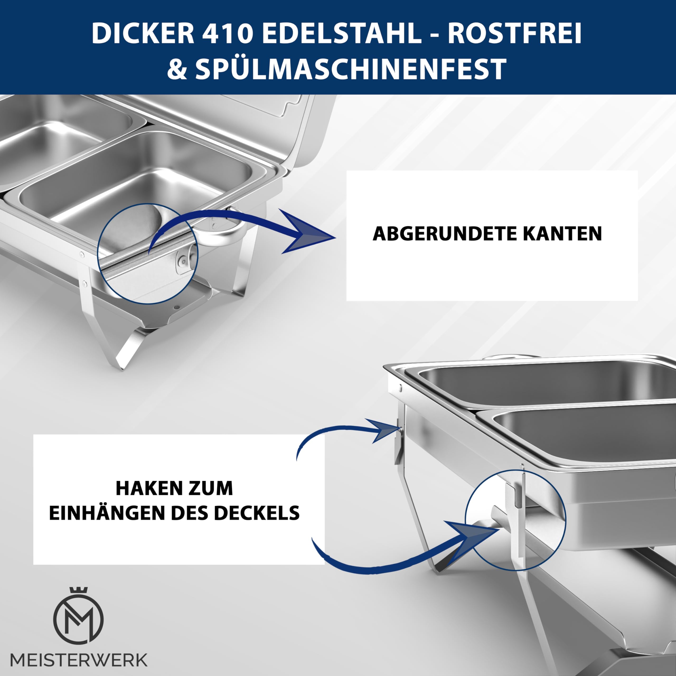 MEISTERWERK Warmhaltebehälter Essen (1er Set) - Erstklassiger 410 Edelstahl Chafing Dish - Warmhaltebehälter für Speisen inkl. Anleitung - Speisenwärmer ideal für Events & Partys