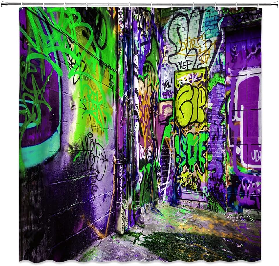 BST Colorful Graffiti Shower Curtain, Street Graffiti Abstract Art Creative Street View Colorful Home Bathroom Curtains Decor Polyester Fabric Quick Drying Include Hooks