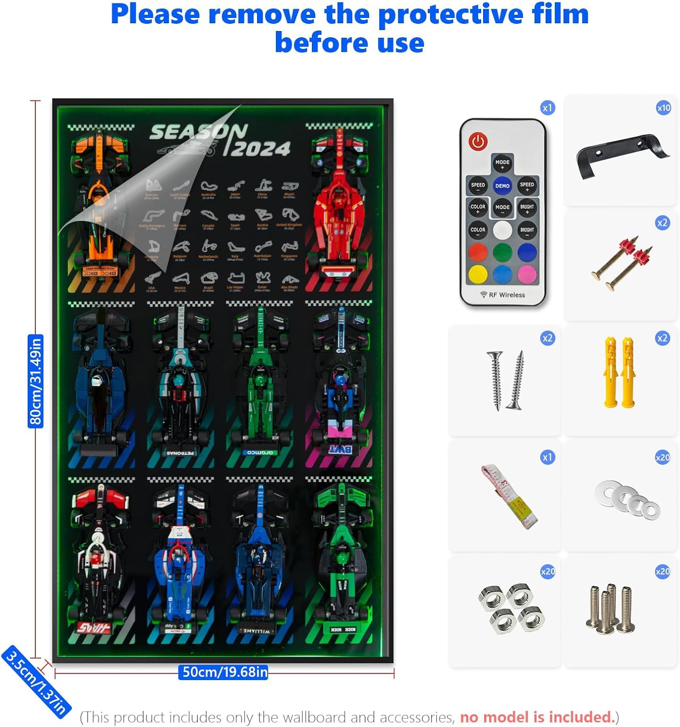 Display Wallboard with RGB LED Lights Compatible with Lego Speed Champions F1 Collector's Pack, 20 Color&22 Lighting Modes, Wall Mount Compatible with Lego 66802 Collectible F1 Model Car Kit