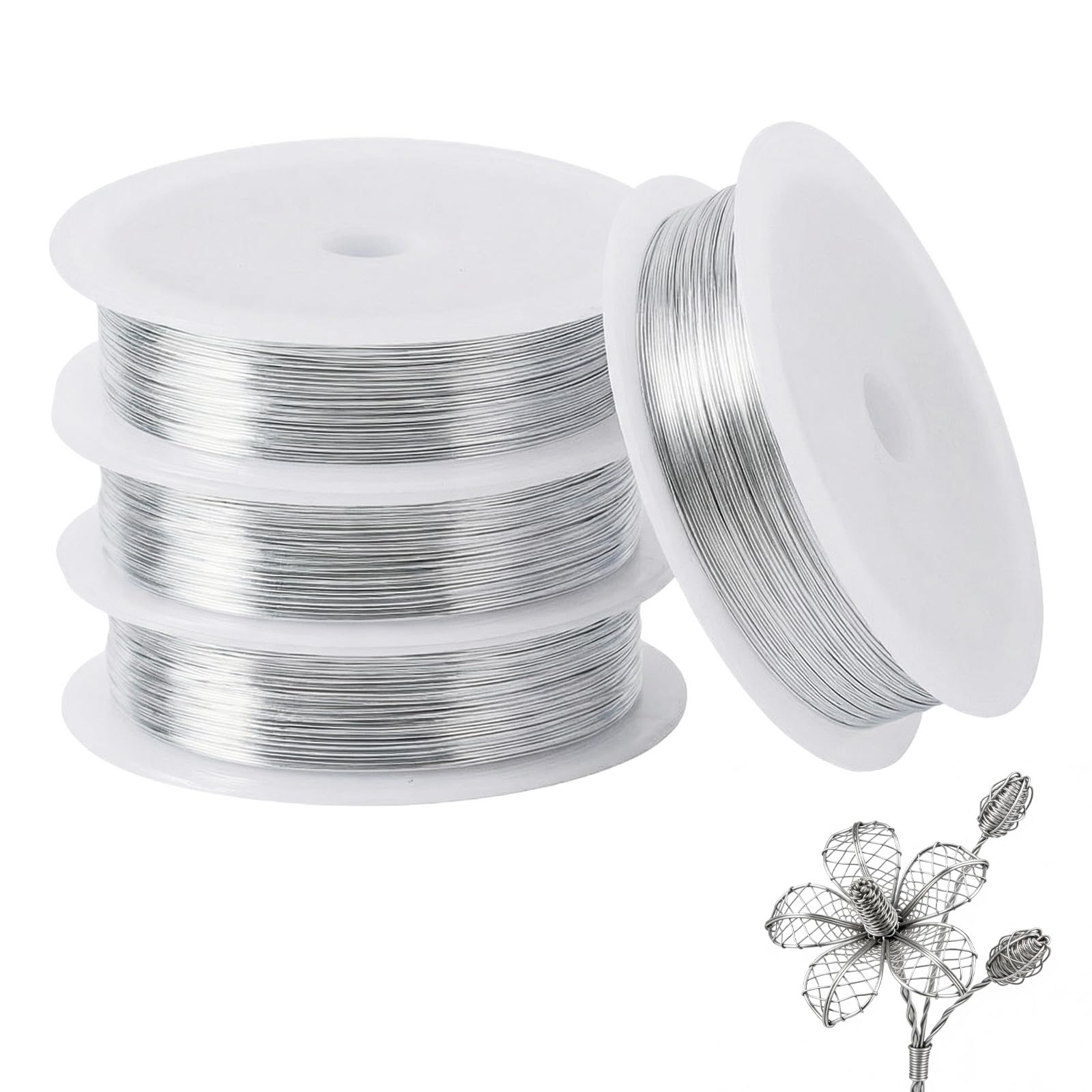160m×0.5mm/24 Gauge Craft Wire for Jewelry Making, 4 Roll jewellery wire with Spool for DIY Jewellery Making, Beading, Floral Making, Modelling & Wrapping(Silver)