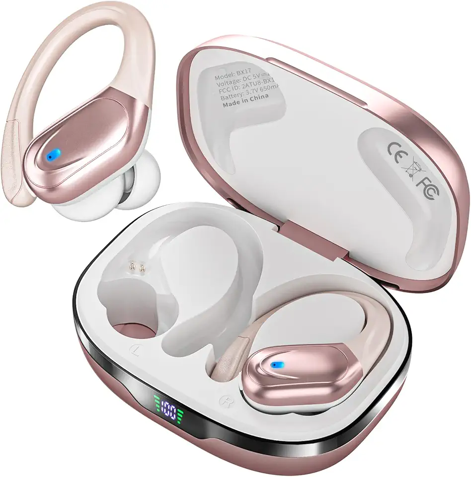 HAOYUYAN Wireless Earbuds Bluetooth 5.3 Headphones with 80H Playback, IPX7 Waterproof Over Ear Buds with LED Power Display for Sports Running Workouts - Rose Gold