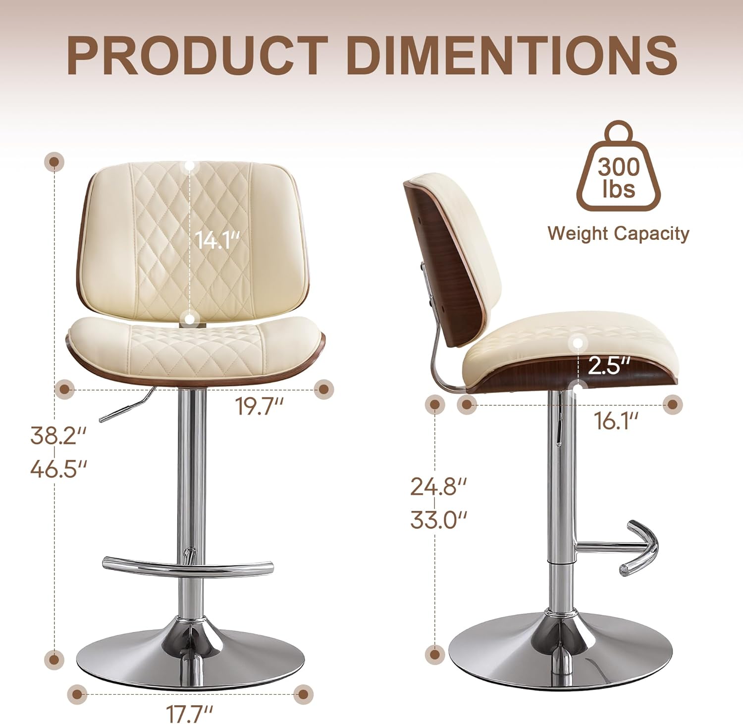 24" Bar Stools, Adjustable Swivel Counter Height Barstools with Bentwood Backs & Footrest, PU Leather Upholstered Bar Chairs for Kitchen Island, Dining Room, Cafe (PU Beige, Set of 4)