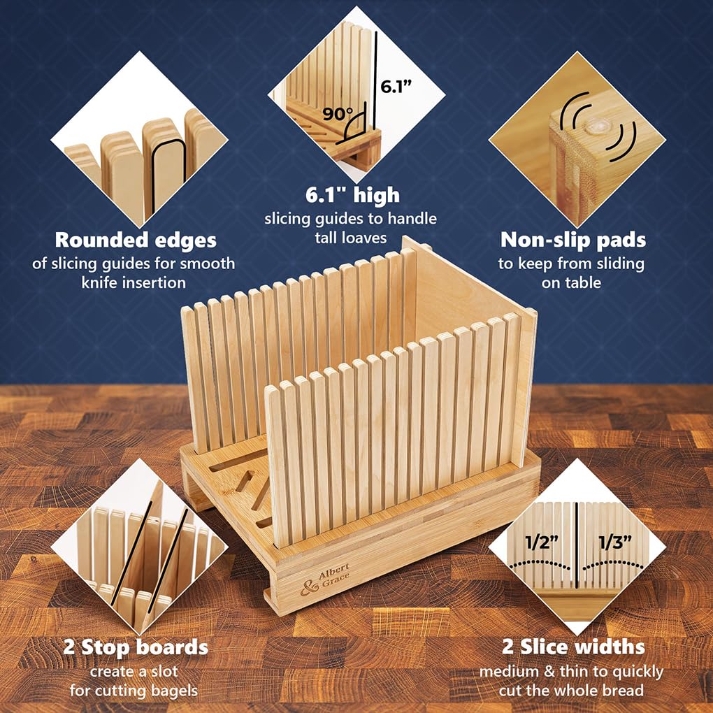 Guía versátil para rebanar pan con funciones ajustables. Ideal para | rebanar pan de madre en casa. Incluye topes ajustables. Sujeción segura para bagels con seguridad. Sujeta los bagels en su