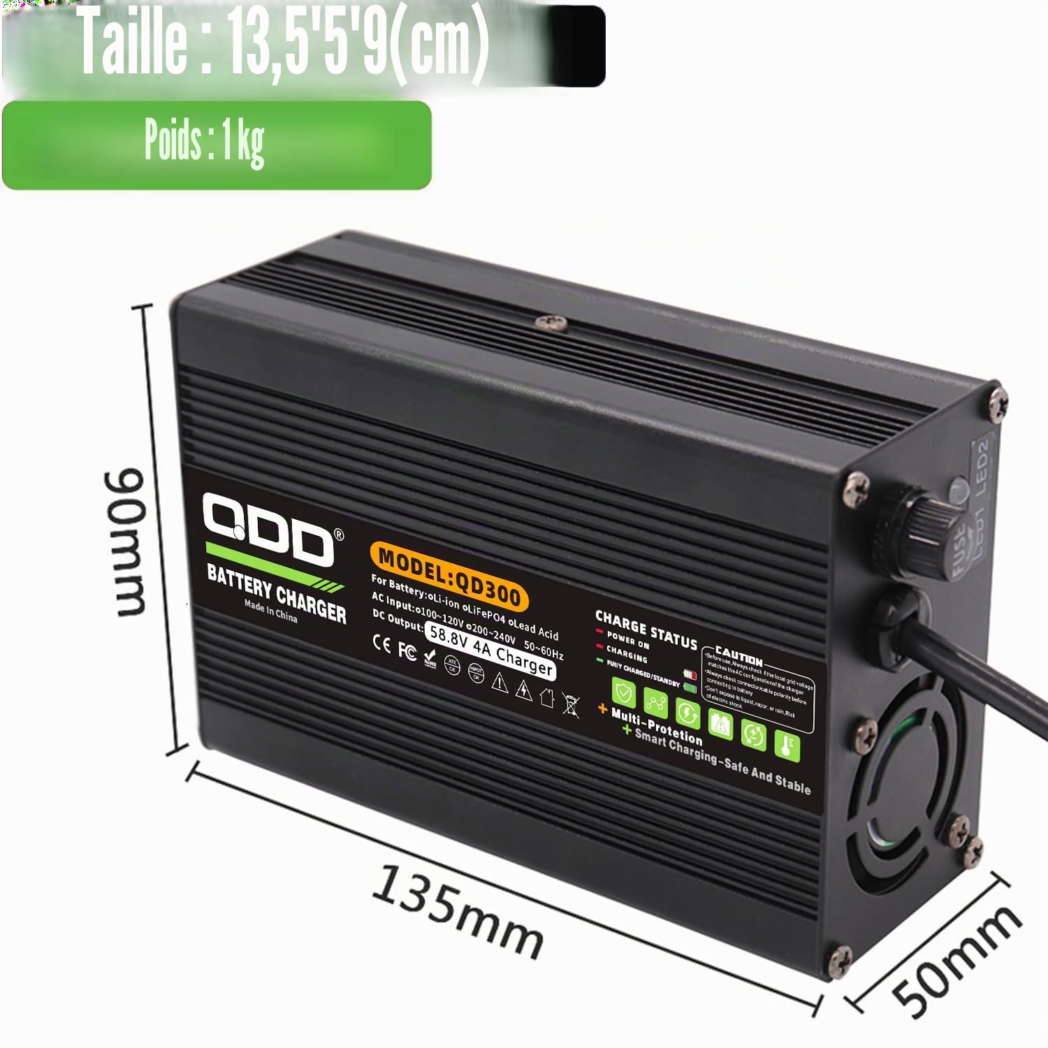QDD Chargeur 58,8V 4A Chargeur de Batterie Li-ION 52V en Aluminium Noir Boîtier avec Sortie de Ventilateur de Refroidissement Connecteur GX16-3 Broches utilisé pour Batterie au Lithium 14S 52V
