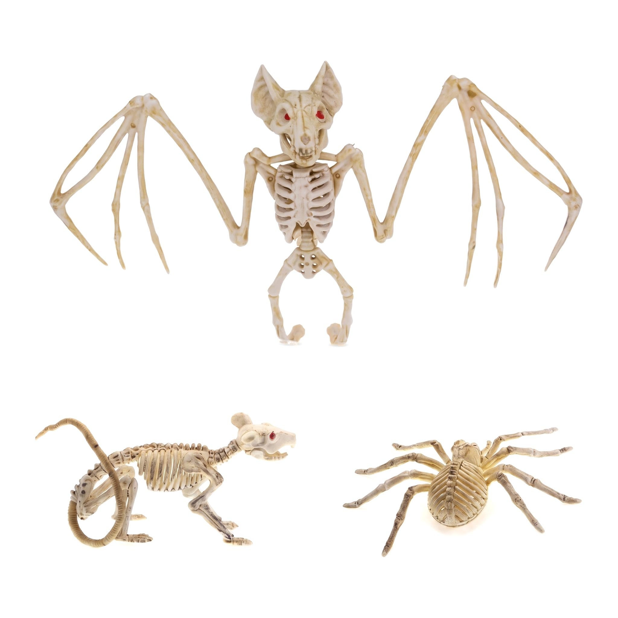 Nerciony Halloween Skeleton Animals Decorations - 3 Pcs Plastic Posable Skeleton Bat Mouse Spider Bones Props for Spooky Haunted House Indoor Outdoor Party Decor