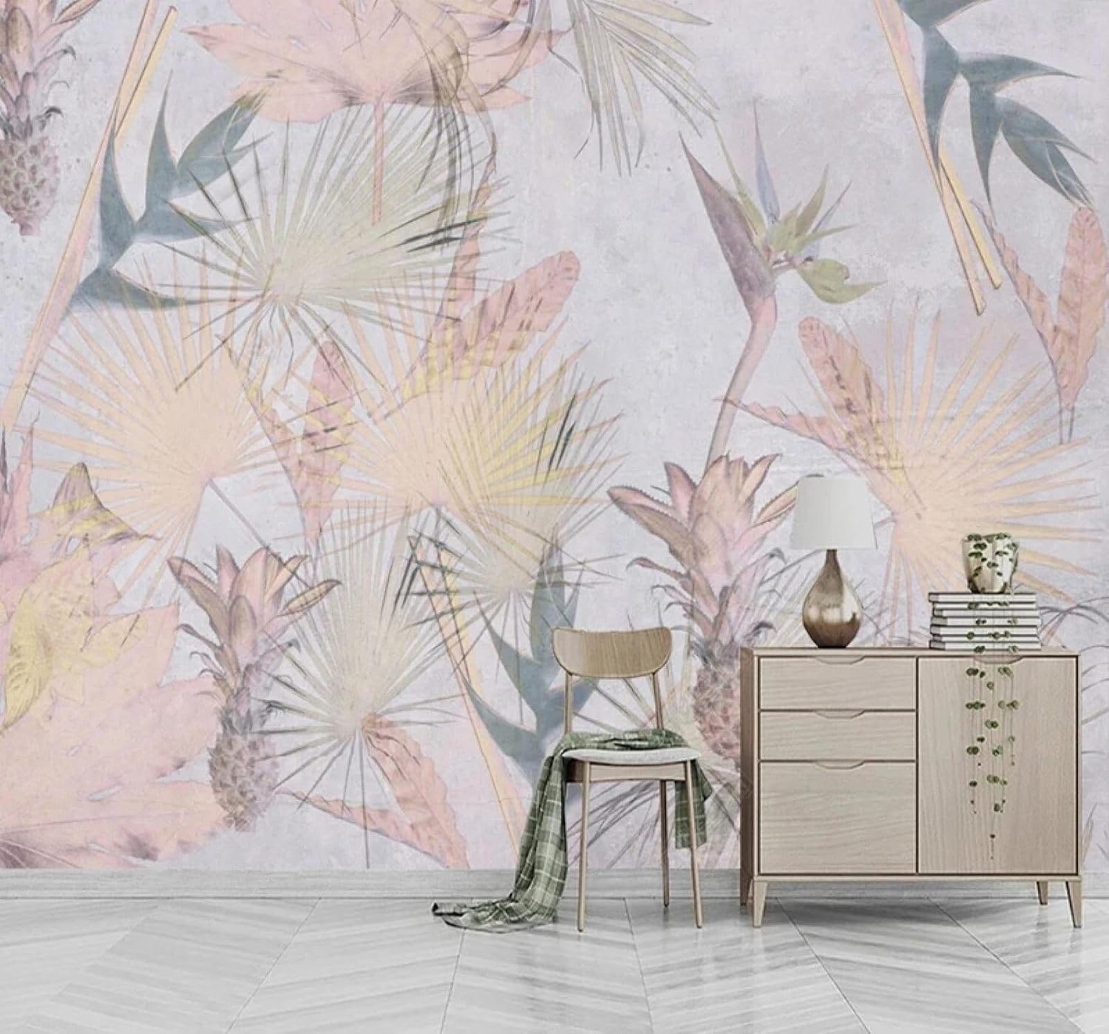 XLMING Minimalist Hand Drawn Pink Leaves Art 3D Wallpaper Silky Texture Home Study Office Grey Dining Room Sofa Bedroom Living Room TV Backdrop-350cm×256cm