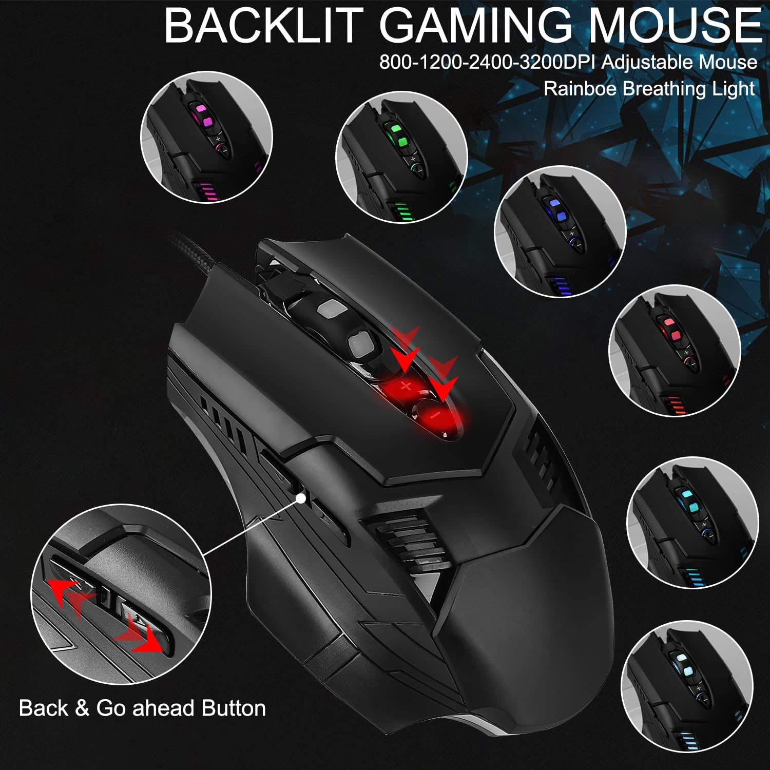 Wired Mouse -Rainbow LED Backlit Gaming Mice Ergonomic Programmable Illuminated Mouse for PC Computer Windows PC Gamer PS4 Xbox one